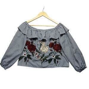 Retro Black White Gingham Off Shoulder Embroidered Floral Ruffle Crop Top Boho M